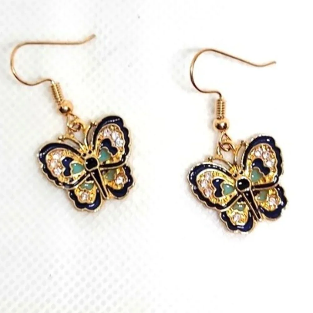 Luxe Blue Butterfly Dangle Earrings Gold Tone Luxe Sparkle Faux Stone New